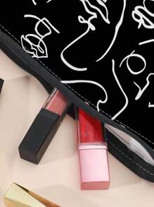 1pc Abstract Figure Print Cosmetic Bag - Black and White - View 5