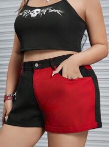 ROMWE Grunge Punk 大碼雙色反摺褲腳牛仔短褲 - 彩色 - 查看 4