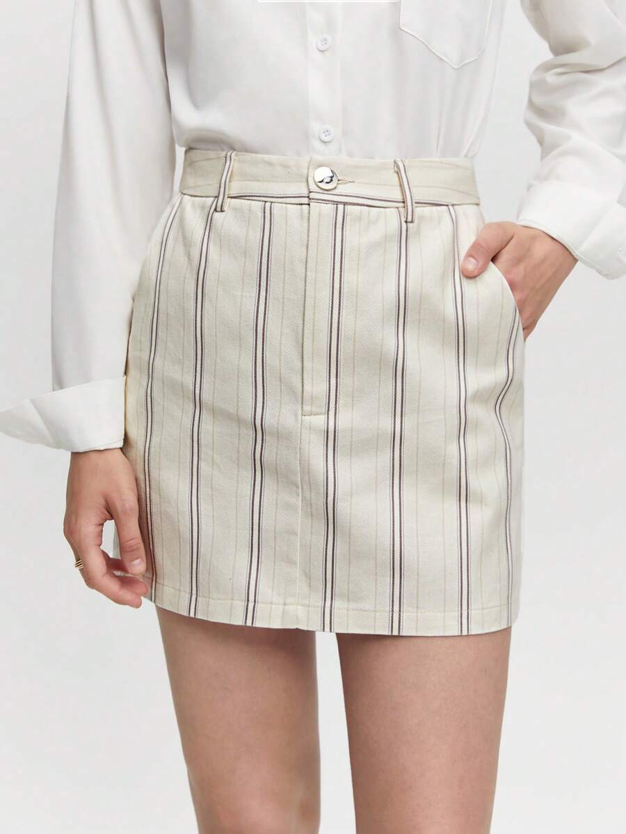 BizChic 棉條紋印花斜口袋半身裙