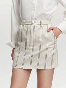 BizChic 棉條紋印花斜口袋半身裙