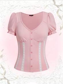 ROMWE Kawaii 雞心領口泡泡袖蕾絲細節T恤 - 粉色 - 查看 1