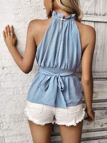 SHEIN VCAY 圓點褶邊荷葉邊下擺襯衫 - 藍色 - 查看 2