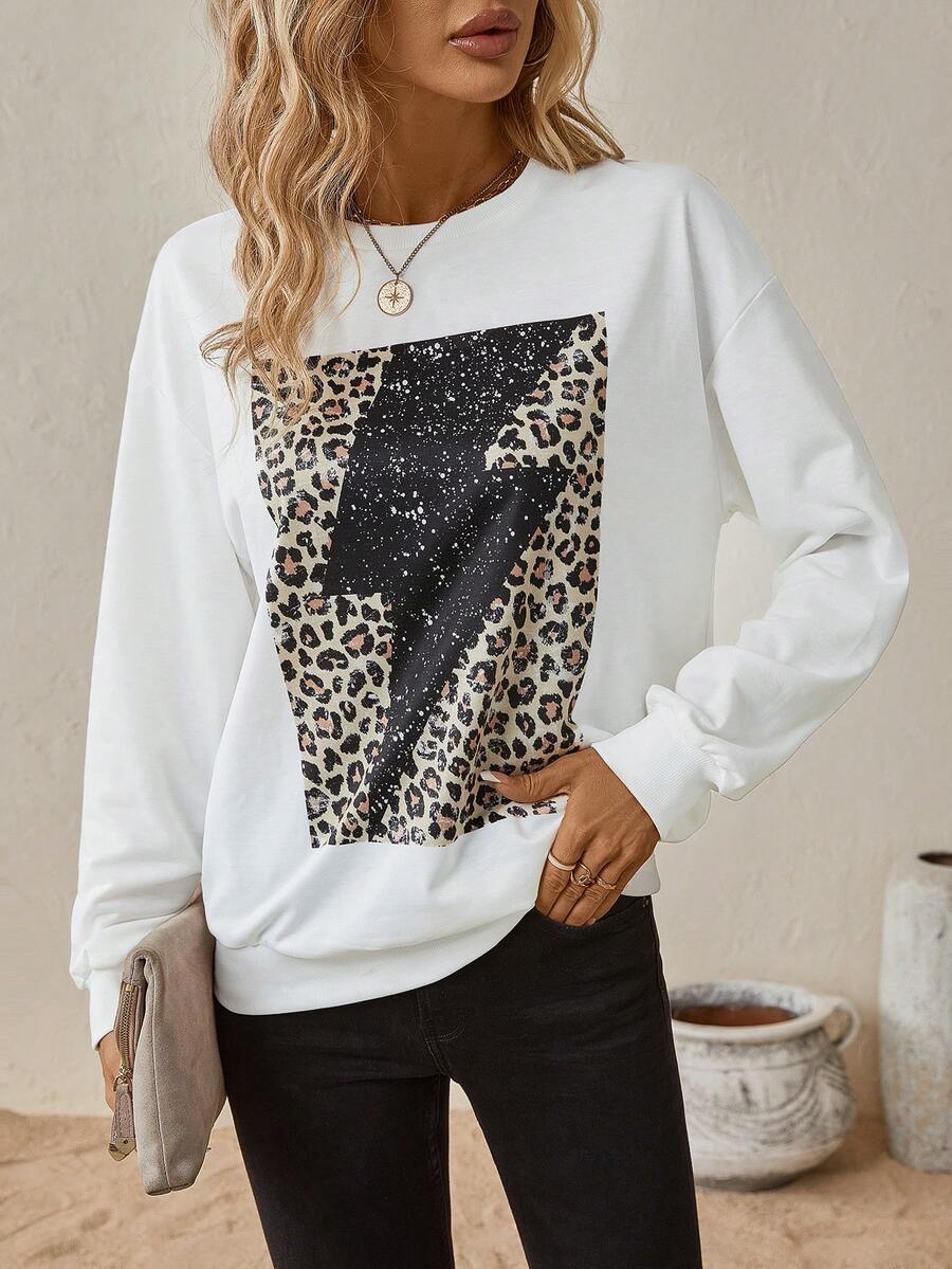 SHEIN LUNE 豹紋印花落肩袖運動衫 - 白色 - 查看 1