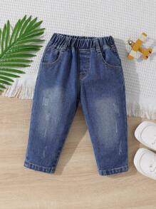 Baby Girl Bleach Wash Ripped Frayed Elastic Waist Jeans - Medium Wash - View 1