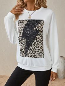 SHEIN LUNE 豹紋印花落肩袖運動衫 - 白色 - 查看 3