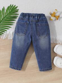 Baby Girl Bleach Wash Ripped Frayed Elastic Waist Jeans - Medium Wash - View 2