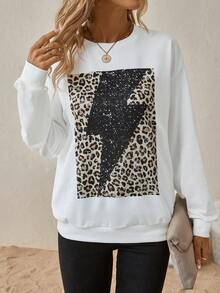 SHEIN LUNE 豹紋印花落肩袖運動衫 - 白色 - 查看 4