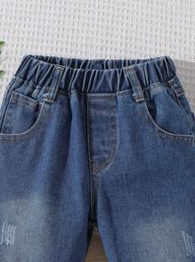 Baby Girl Bleach Wash Ripped Frayed Elastic Waist Jeans - Medium Wash - View 3