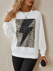 SHEIN LUNE 豹紋印花落肩袖運動衫 - 白色 - 查看 5