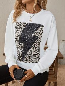 SHEIN LUNE 豹紋印花落肩袖運動衫 - 白色 - 查看 6