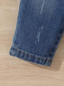 Baby Girl Bleach Wash Ripped Frayed Elastic Waist Jeans - Medium Wash - View 5