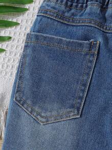 Baby Girl Bleach Wash Ripped Frayed Elastic Waist Jeans - Medium Wash - View 6