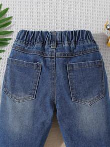Baby Girl Bleach Wash Ripped Frayed Elastic Waist Jeans - Medium Wash - View 7