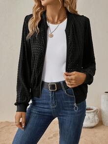 SHEIN LUNE Dây kéo Áo khoác bomber - màu đen - Xem 4