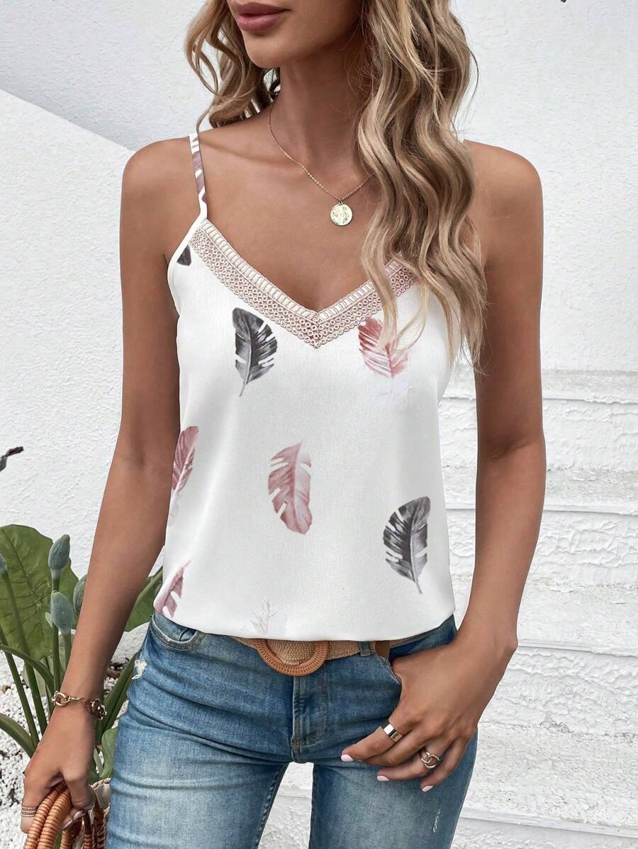 SHEIN VCAY In lông Ren tương phản Cami ngọn - trắng - Xem 1