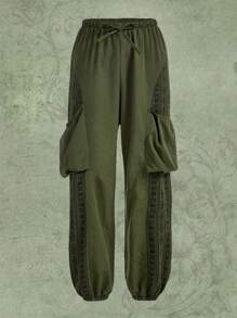 ROMWE Hippie In Đồ họa Nút eo Quần Cargo - xanh quân đội - Xem 2