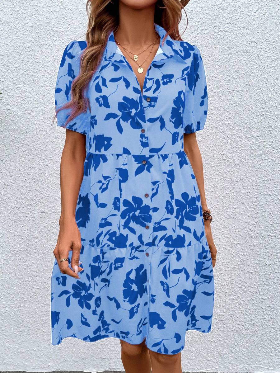 SHEIN VCAY Floral Print Puff Sleeve Ruffle Hem Smock Dress - Blue - View 1