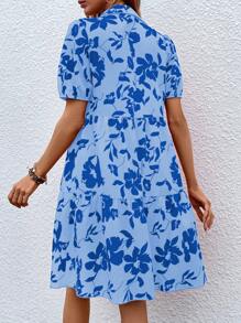SHEIN VCAY Floral Print Puff Sleeve Ruffle Hem Smock Dress - Blue - View 2
