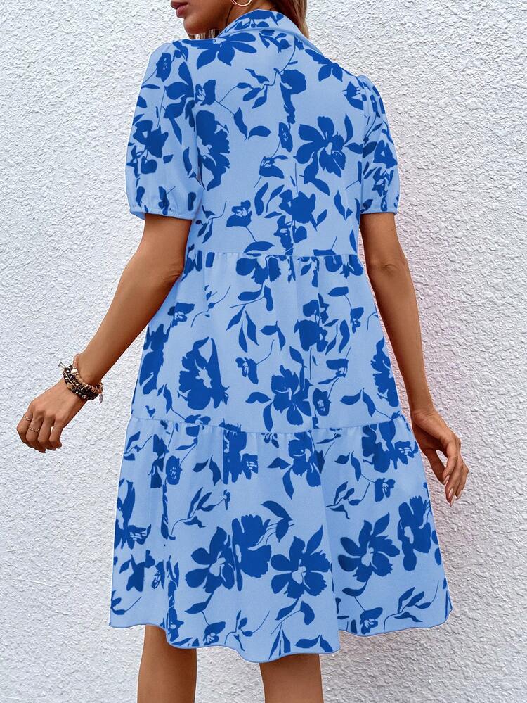 SHEIN VCAY In hoa Ống tay áo Xù Hoa Sen Váy Smock - Màu xanh lam - Xem 2