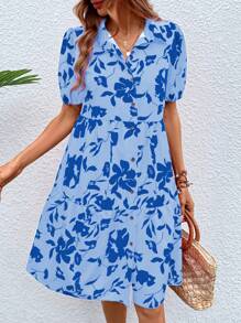 SHEIN VCAY Floral Print Puff Sleeve Ruffle Hem Smock Dress - Blue - View 3