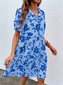 SHEIN VCAY Floral Print Puff Sleeve Ruffle Hem Smock Dress - Blue - View 4