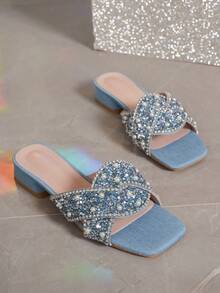 Giày cao gót hở mũi đính ngọc trai và đá Rhinestone thời trang dành cho nữ, đa năng khi mặc trong tiệc tùng ngày lễ - Màu xanh nhạt - Xem 3