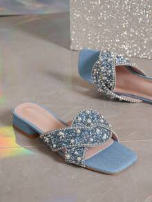 Giày cao gót hở mũi đính ngọc trai và đá Rhinestone thời trang dành cho nữ, đa năng khi mặc trong tiệc tùng ngày lễ - Màu xanh nhạt - Xem 4