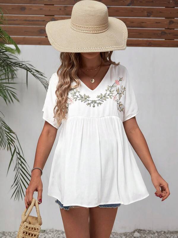SHEIN Maternity Floral Embroidery Peplum Blouse