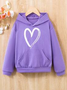 SHEIN 少女心形印花袋鼠口袋卫衣 - 紫色 - 查看 1