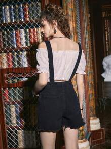 Harry Potter | ROMWE Đồ họa Ngôi sao & Mặt trăng Raw Hem Denim Overall - màu đen - Xem 2