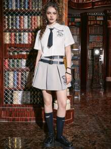 Harry Potter | ROMWE Đồ họa Chữ cái Nút phía trước Áo sơ mi Không có Buộc - trắng - Xem 4