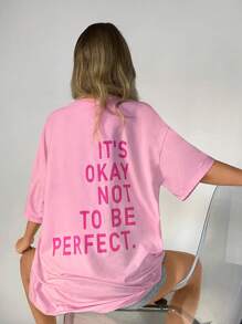 SHEIN EZwear 女士休闲宽松标语印花落肩连衣裙，粉色，夏季 - 淺粉色 - 查看 6