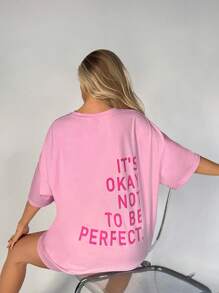 SHEIN EZwear 女士休闲宽松标语印花落肩连衣裙，粉色，夏季 - 淺粉色 - 查看 5