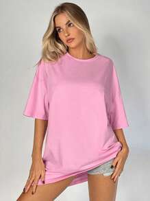 SHEIN EZwear 女士休闲宽松标语印花落肩连衣裙，粉色，夏季 - 淺粉色 - 查看 8