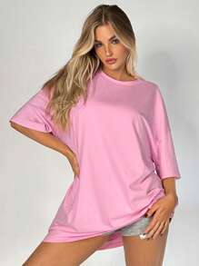 SHEIN EZwear 女士休闲宽松标语印花落肩连衣裙，粉色，夏季 - 淺粉色 - 查看 9