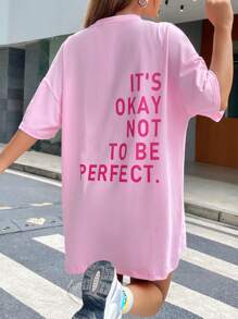 SHEIN EZwear 女士休闲宽松标语印花落肩连衣裙，粉色，夏季 - 淺粉色 - 查看 10