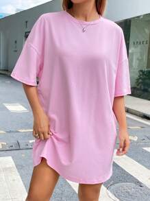 SHEIN EZwear 女士休闲宽松标语印花落肩连衣裙，粉色，夏季 - 淺粉色 - 查看 12