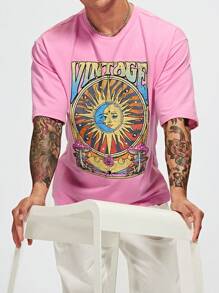 Manfinity RebelGame Men Casual Sun & Letter Graphic Crew Neck Tee