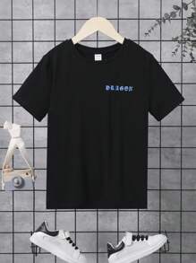 SHEIN Tween Boy Black Short Sleeve Tee With Back Design, Suitable For Summer - Black - View 2