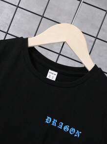 SHEIN Tween Boy Black Short Sleeve Tee With Back Design, Suitable For Summer - Black - View 3