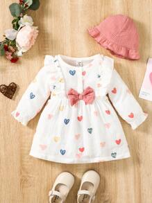 SHEIN 女嬰愛心圖案荷葉邊喇叭袖前蝴蝶結連衣裙&帽 - 白色 - 查看 1