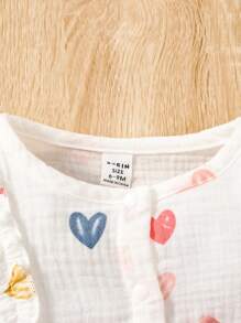 SHEIN 女嬰愛心圖案荷葉邊喇叭袖前蝴蝶結連衣裙&帽 - 白色 - 查看 4