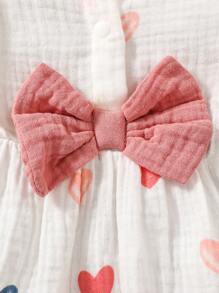 SHEIN 女嬰愛心圖案荷葉邊喇叭袖前蝴蝶結連衣裙&帽 - 白色 - 查看 5