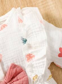 SHEIN 女嬰愛心圖案荷葉邊喇叭袖前蝴蝶結連衣裙&帽 - 白色 - 查看 6