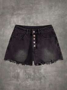 ROMWE Grunge Punk Nút Bay Raw Hem Quần short Denim - màu đen - Xem 1