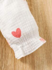 SHEIN 女嬰愛心圖案荷葉邊喇叭袖前蝴蝶結連衣裙&帽 - 白色 - 查看 7