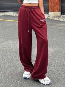 Letter Graphic Drawstring Waist Joggers - Burgundy - View 1
