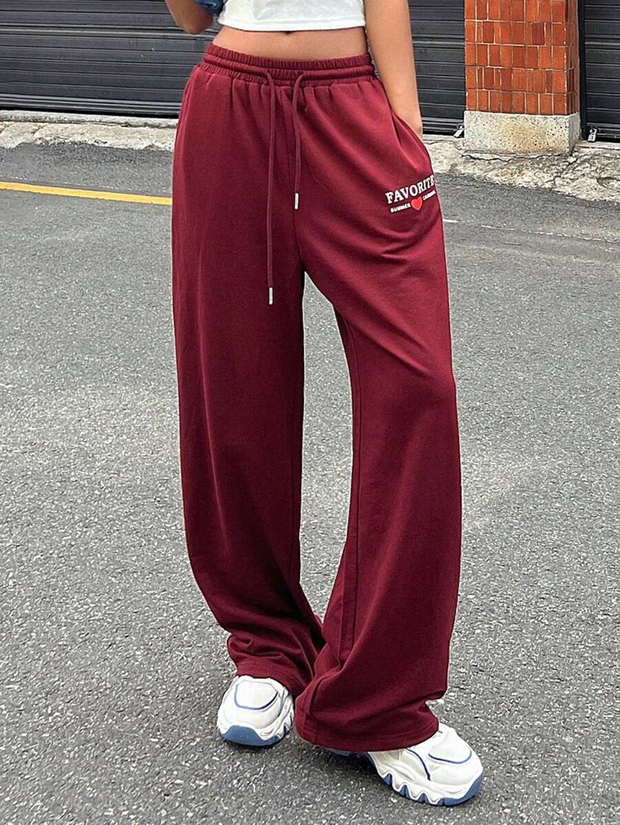 Letter Graphic Drawstring Waist Joggers - Burgundy - View 1