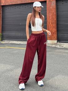Letter Graphic Drawstring Waist Joggers - Burgundy - View 4