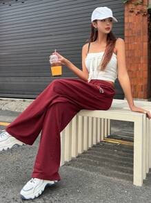 Letter Graphic Drawstring Waist Joggers - Burgundy - View 5